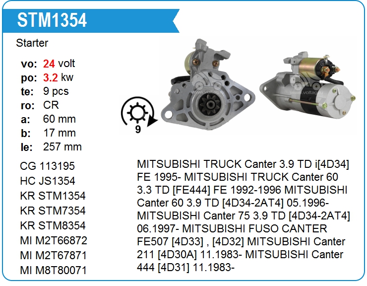 Стартер KR 4D33 (24V-3.2kW) STM1354