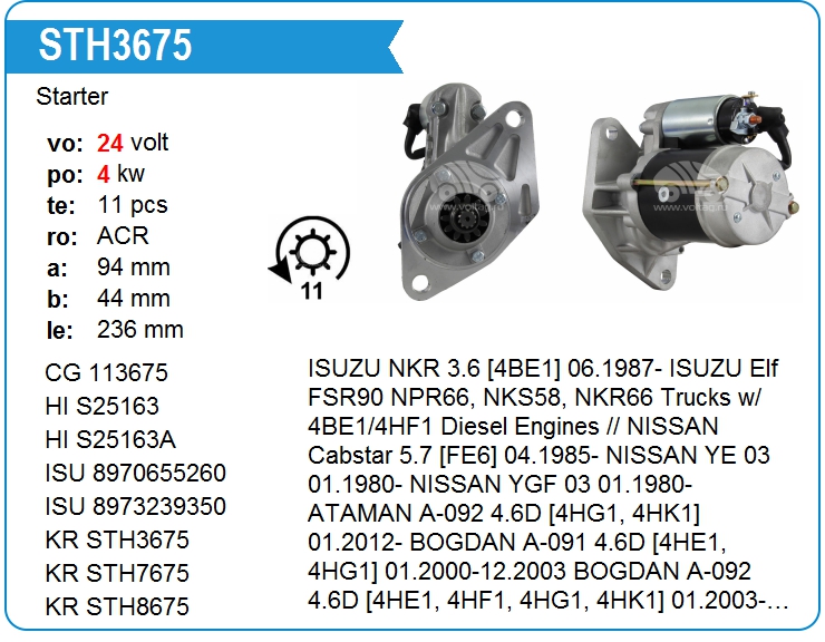 Стартер MH 4HF1 (24V-4kW, короткий бендикс) STH3675WA, STH8675WA